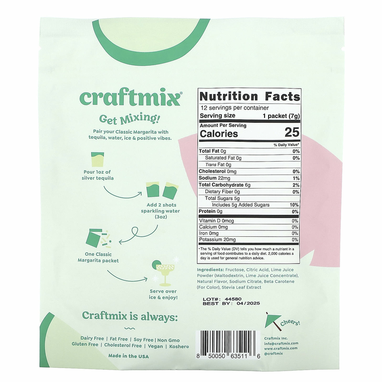 Craftmix, Пакетики для коктейлей, классическая маргарита, 12 пакетиков, 84 г (2,96 унции)
