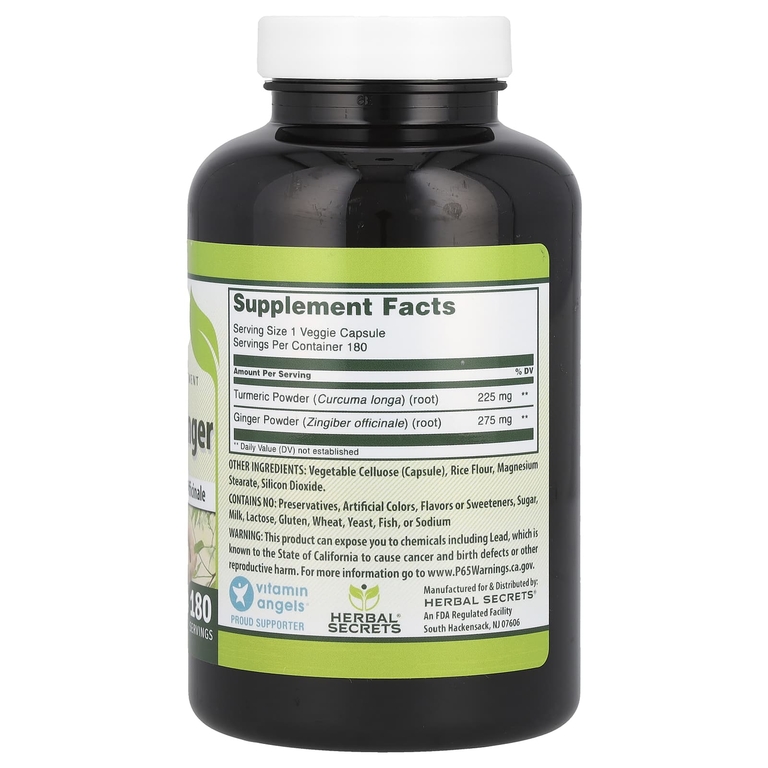Herbal Secrets, Куркума и имбирь, 500 мг, 180 растительных капсул