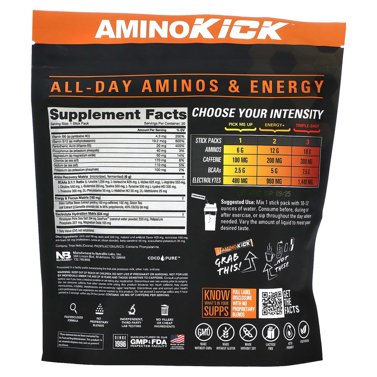 NutraBio, Amino Kick, апельсин и манго, 20 пакетиков по 9 г (0,32 унции)
