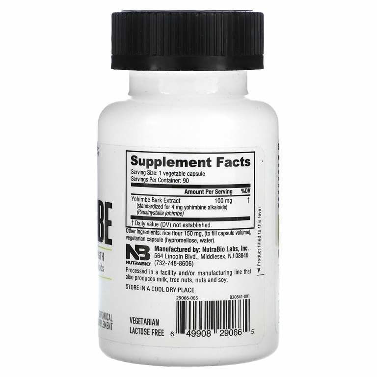 NutraBio, Йохимбе, 90 капсул (100 мг на капсулу)