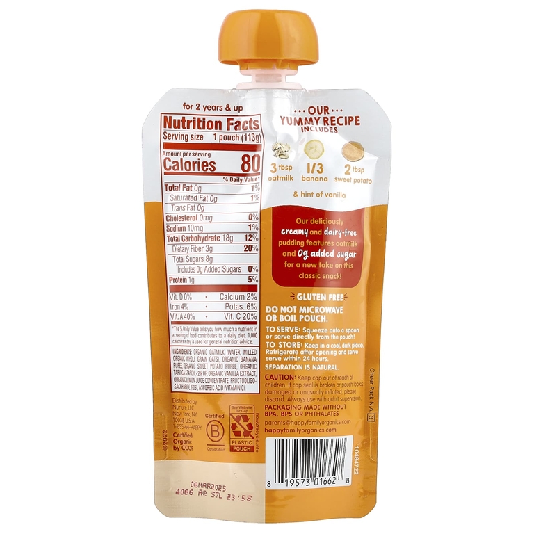 Happy Family Organics, Happy Tot®, овсяный пудинг, для детей от 2 лет, органическое овсяное молоко, бананы и батат, 113 г (4 унции)