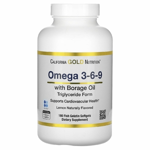 California Gold Nutrition, омега 3–6–9, с рыбьим жиром с омега-3 и маслом из семян бурачника, ЭПК, ДГК, ГЛК и линолевой кислотой, натуральный лимонный вкус, 180 капсул