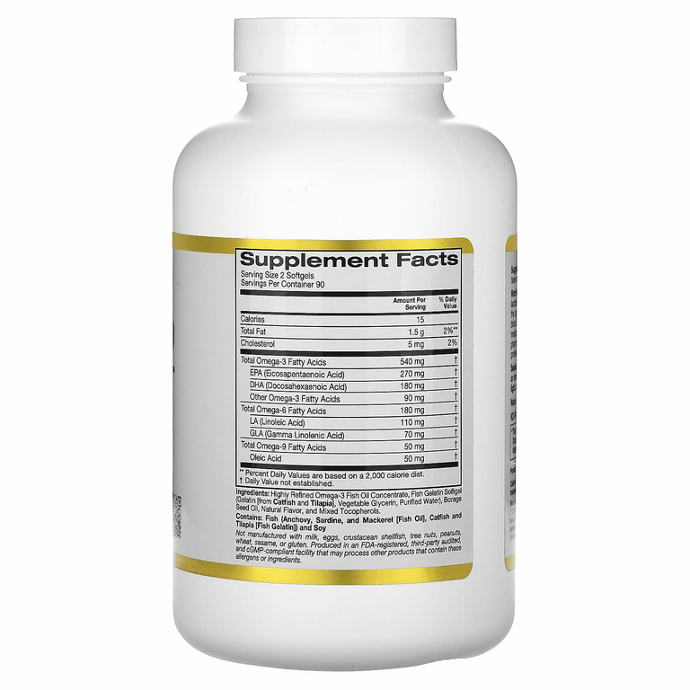California Gold Nutrition, омега 3–6–9, с рыбьим жиром с омега-3 и маслом из семян бурачника, ЭПК, ДГК, ГЛК и линолевой кислотой, натуральный лимонный вкус, 180 капсул