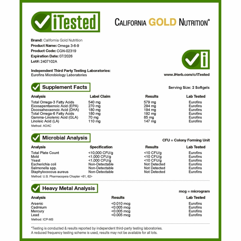 California Gold Nutrition, омега 3–6–9, с рыбьим жиром с омега-3 и маслом из семян бурачника, ЭПК, ДГК, ГЛК и линолевой кислотой, натуральный лимонный вкус, 180 капсул