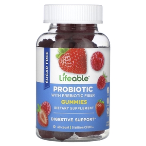 Lifeable, пробиотик с пребиотической клетчаткой, без сахара, с ягодным вкусом, 60 жевательных таблеток