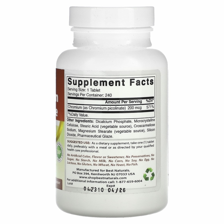 Best Naturals, пиколинат хрома, 200 мкг, 240 таблеток
