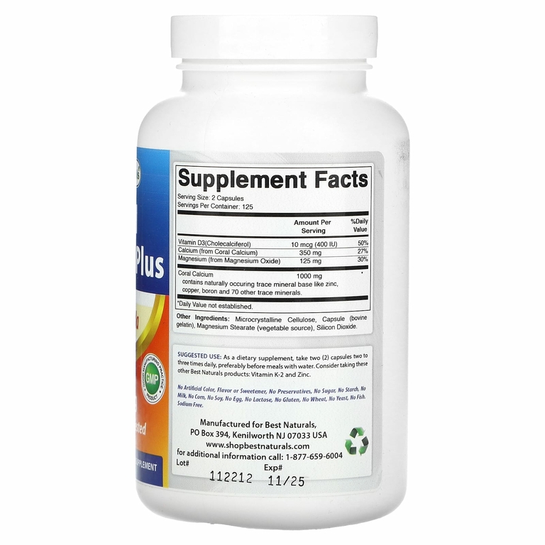 Best Naturals, коралловый кальций плюс, 1000 мг, 250 капсул (500 мг в 1 капсуле)