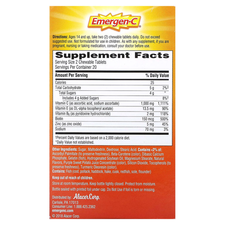 Emergen-C, жевательные таблетки с витамином C, со вкусом апельсина, 40 жевательных таблеток