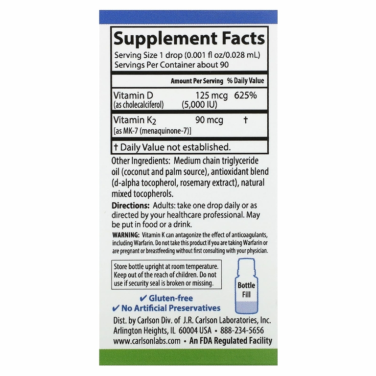 Carlson, Super Daily® D3 + K2, 125 мкг (5000 МЕ) и 90 мкг, 2,54 мл (0,086 жидк. унции)