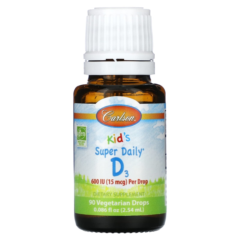 Carlson, Kid's Super Daily D3, 15 мкг (600 МЕ), 90 вегетарианских капель, 2,54 мл (0,086 жидк. унц.)