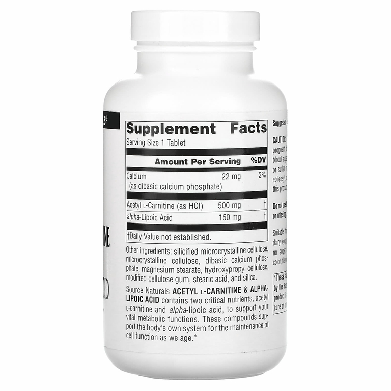 Source Naturals, Ацетил L-карнитин и альфа-липоевая кислота, 650 мг, 120 таблеток
