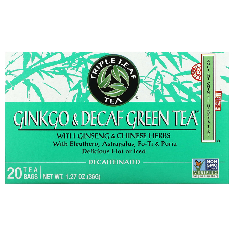 Triple Leaf Tea, зеленый чай с гинкго и без кофеина, 20 чайных пакетиков, 36 г (1,27 унции)