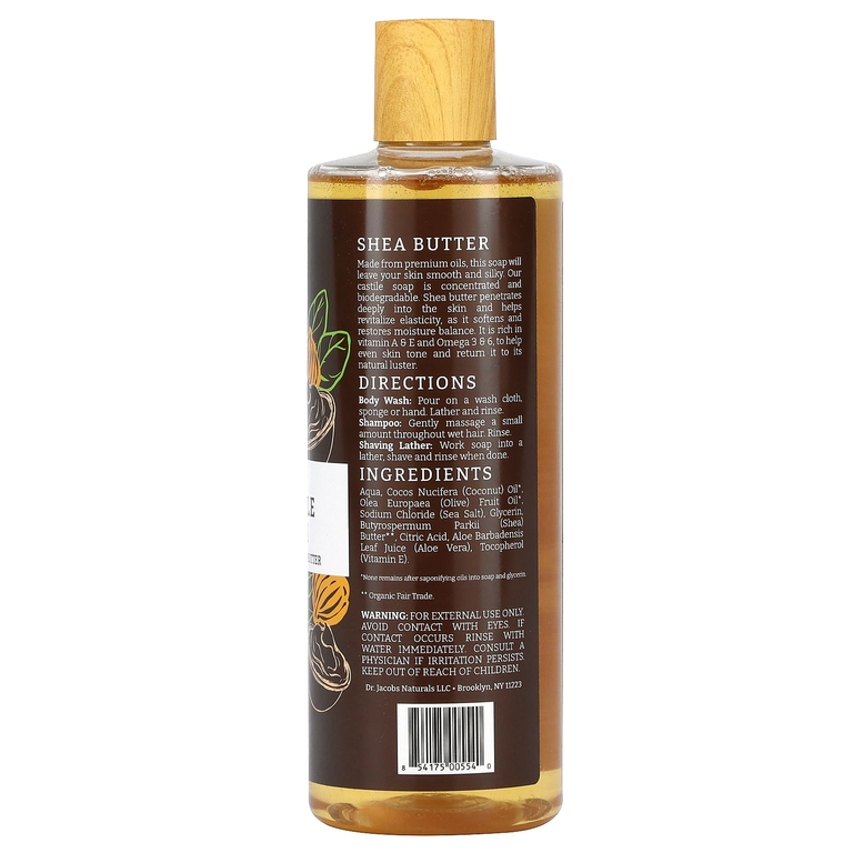 Dr. Jacobs Naturals, насыщенный кастильский гель для душа, органическое масло ши, закупленное на основе растительных ингредиентов, 473 мл (16 унций)