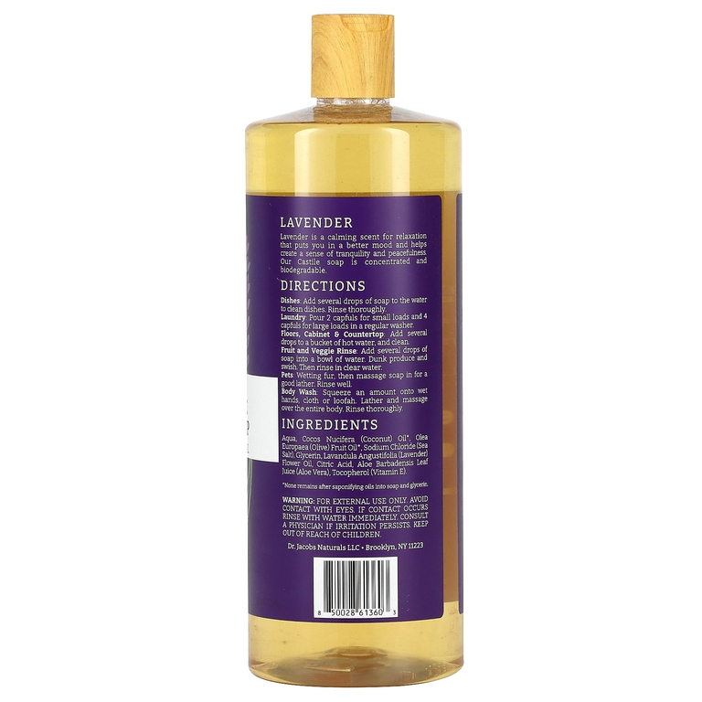 Dr. Jacobs Naturals, Чистое кастильское универсальное мыло на растительной основе с эфирным маслом лаванды, 946 мл (32 унции)