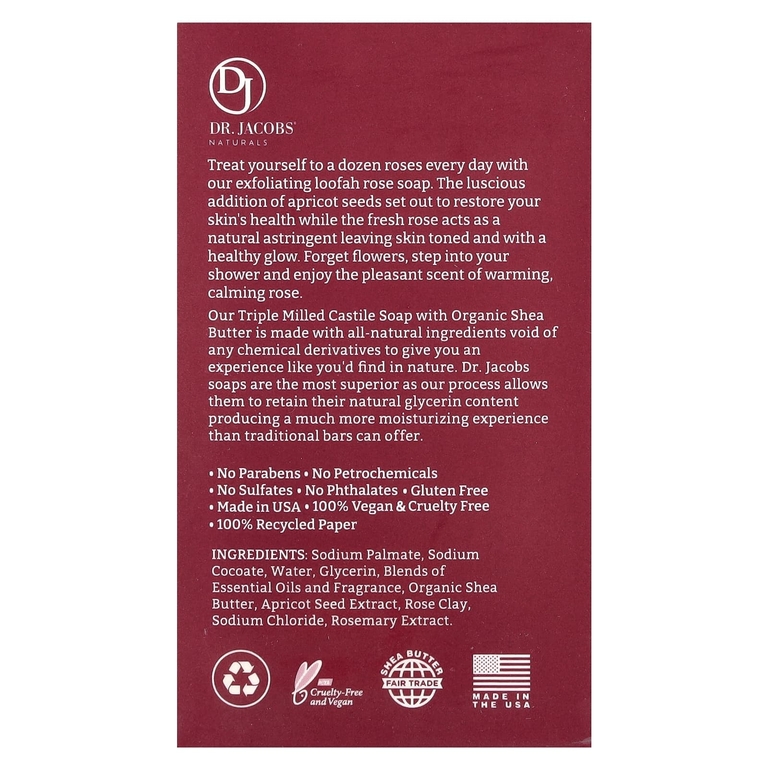 Dr. Jacobs Naturals, Отшелушивающее кастильское мыло с люфой, Lucy Rose, 142 г (5 унций)