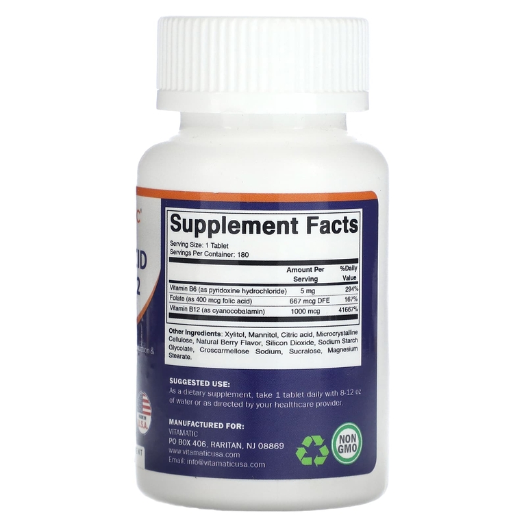 Vitamatic, Фолиевая кислота B6 и B12, натуральные ягоды, 180 быстро растворяющихся таблеток