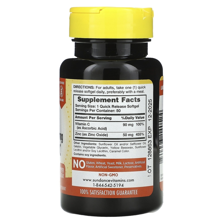 Sundance Vitamins, Усвояемый цинк + витамин C, 50 капсул быстрого действия