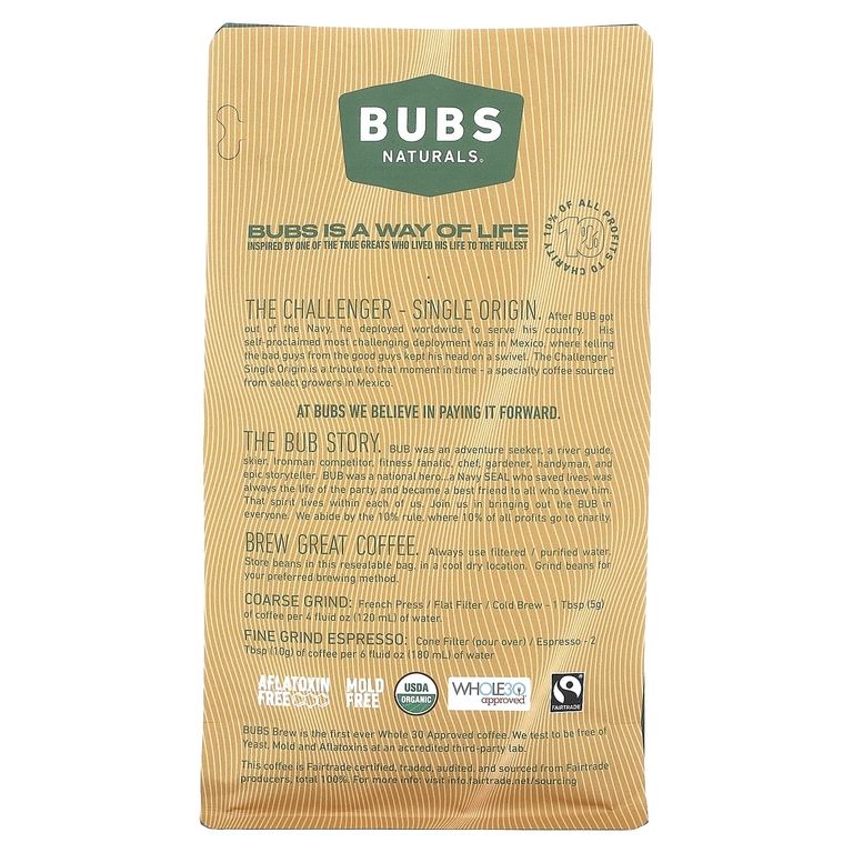 BUBS Naturals, Bubs Brew, Challenger Single Origin, цельные бобы, средней обжарки, 340 г (12 унций)