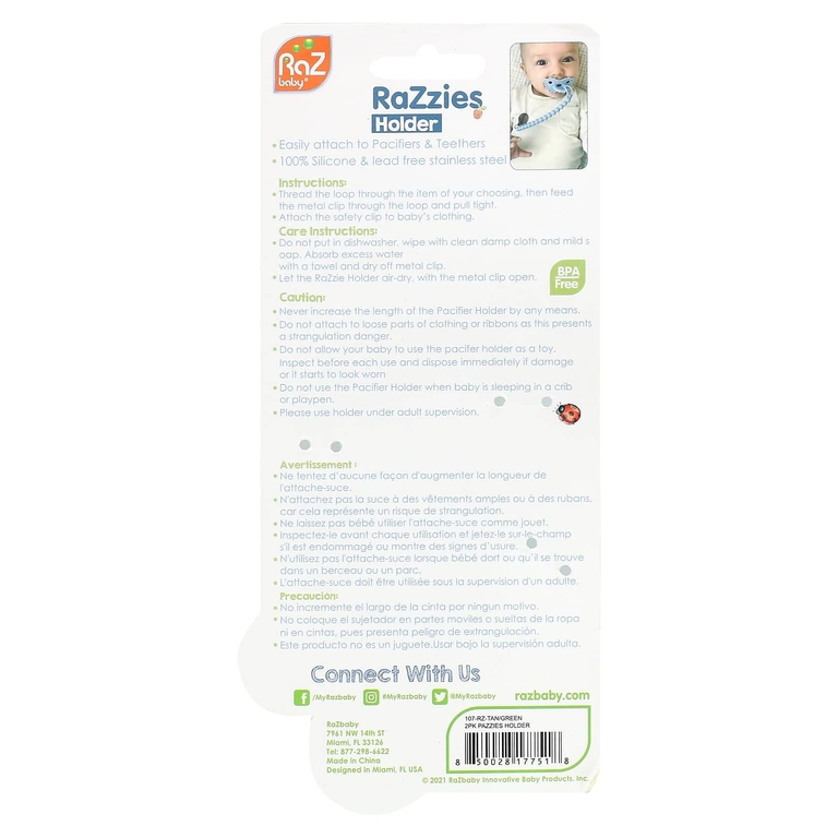 RaZbaby, RaZzies, держатель для пустышки, от 0 месяцев, зеленый / бежевый``, 2 держателя