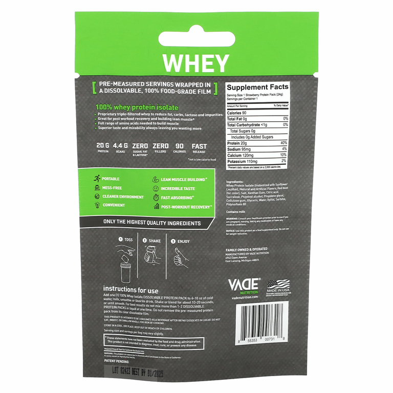Vade Nutrition, Пакетики с растворимым протеином, 100% изолят сыворотки, клубничный молочный коктейль, 24 г (0,05 фунта) (Товар снят с продажи) 