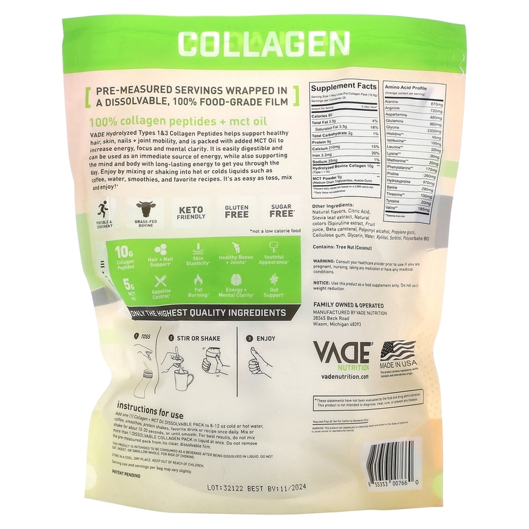 Vade Nutrition, Пакетики с растворимым коллагеном, коллаген + масло MCT, лаймовый пирог, 470 г (1,04 фунта) (Товар снят с продажи) 