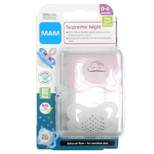 MAM, Ночная пустышка Supreme, для детей от 0 до 6 месяцев, розовый / прозрачный, 2 шт.