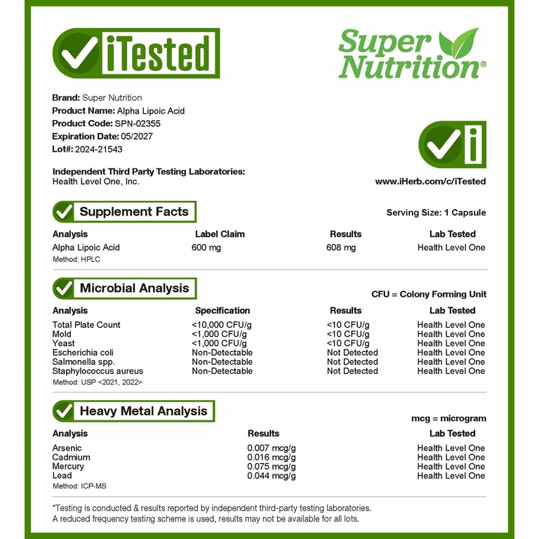 Super Nutrition, альфа-липоевая кислота, 600 мг, 60 растительных капсул