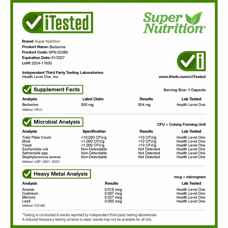 Super Nutrition, берберин гидрохлорид, 500 мг, 120 растительных капсул