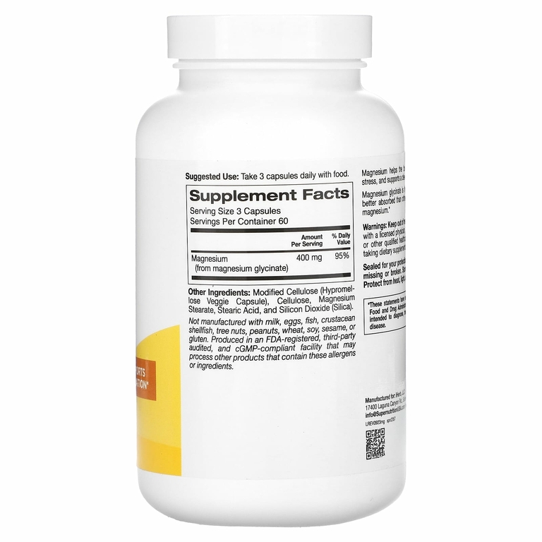 Super Nutrition, глицинат магния, 180 растительных капсул (133 мг в 1 капсуле)