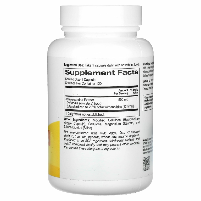 Super Nutrition, Ашваганда, 500 мг, 120 растительных капсул