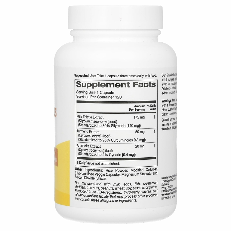 Super Nutrition, расторопша, с экстрактами куркумы и артишока, 175 мг, 120 растительных капсул