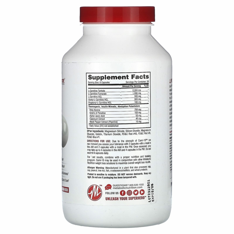 Metabolic Nutrition, Carni-10, 5000 мг, 240 капсул (625 мг в 1 капсуле)