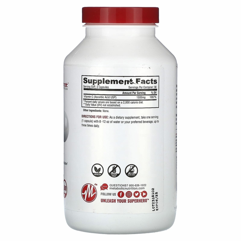 Metabolic Nutrition, Витамин C, 180 капсул (750 мг на капсулу)