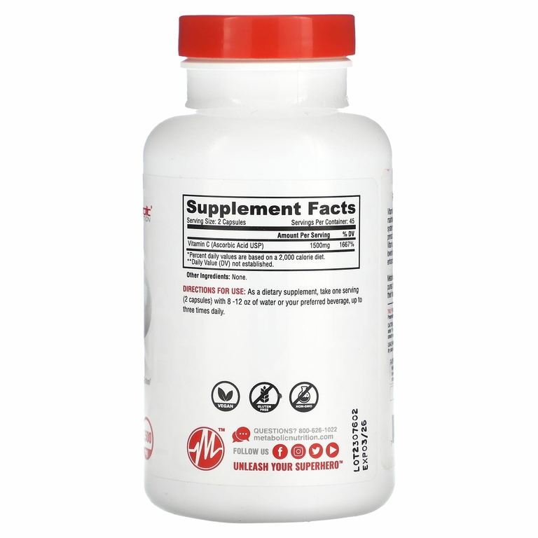 Metabolic Nutrition, Витамин C, 90 капсул (750 мг на капсулу)