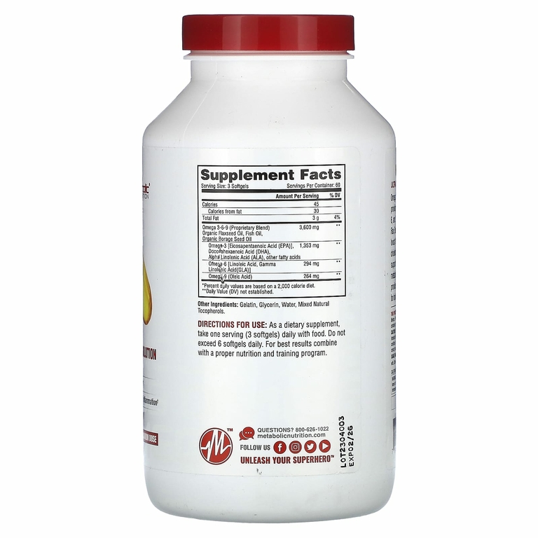 Metabolic Nutrition, омега 369, 180 капсул (1200 мг в 1 капсуле)