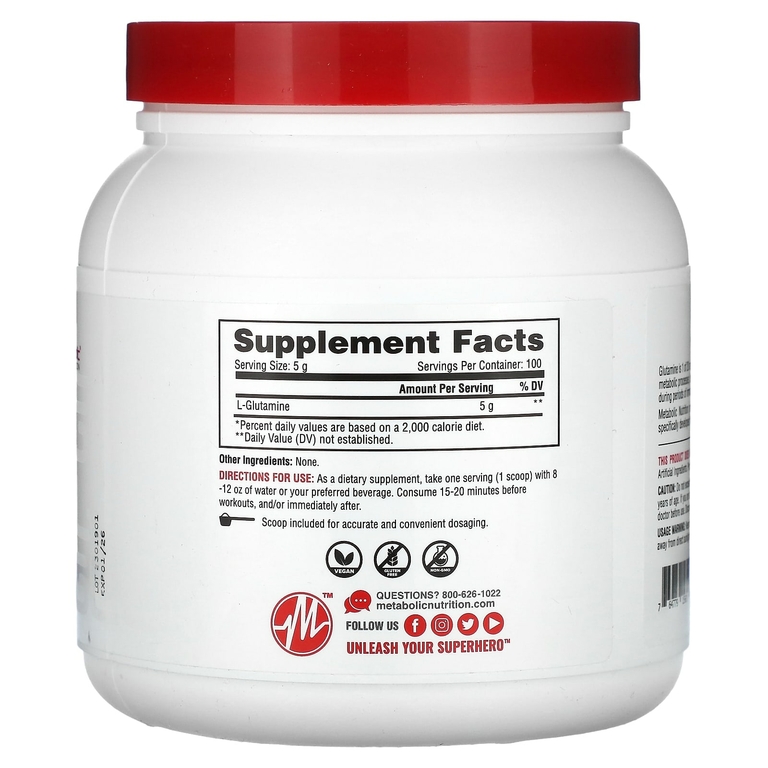 Metabolic Nutrition, L-глютамин, без добавок, 500 г (17,64 унции)