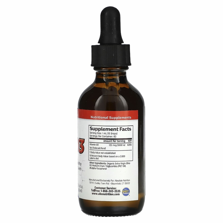 Absolute Nutrition, Витамин D3 в каплях, 5000 МЕ, 60 мл (2 жидк. Унции)