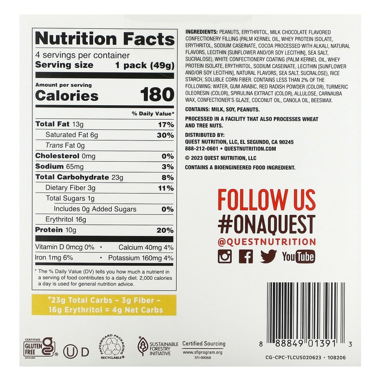 Quest Nutrition, Арахисовые конфеты в шоколадной глазури, 4 упаковки по 49 г (1,73 унции)