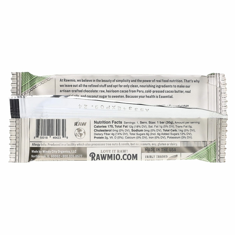 Rawmio, Essential Bar, органический необработанный шоколад, 70% какао, перечная мята, 30 г (1,1 унции)