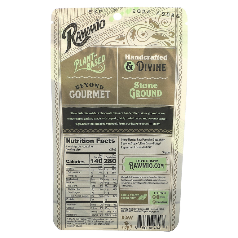 Rawmio, Сердечки с мятой и шоколадом, 70% сырого какао, 56,7 г (2 унции)