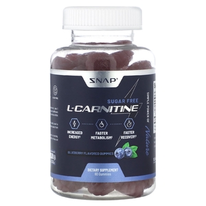 Snap Supplements, L-карнитин, жевательные таблетки, со вкусом голубики, без сахара, 60 жевательных таблеток (250 мг в 1 жевательной таблетке)