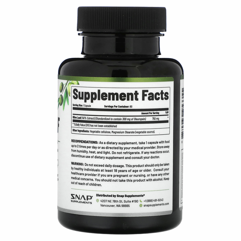 Snap Supplements, Листья оливкового дерева, максимальная эффективность, 750 мг, 60 капсул