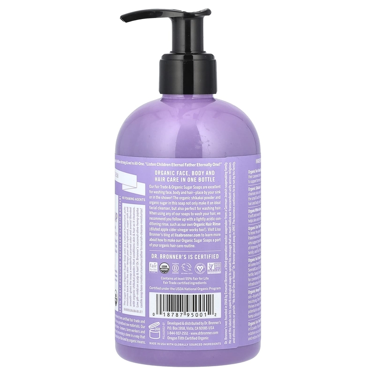 Dr. Bronner's, Органическое сахарное мыло 4 в 1, для рук, лица, тела и волос, с лавандой, 355 мл (12 жидк. унц.)