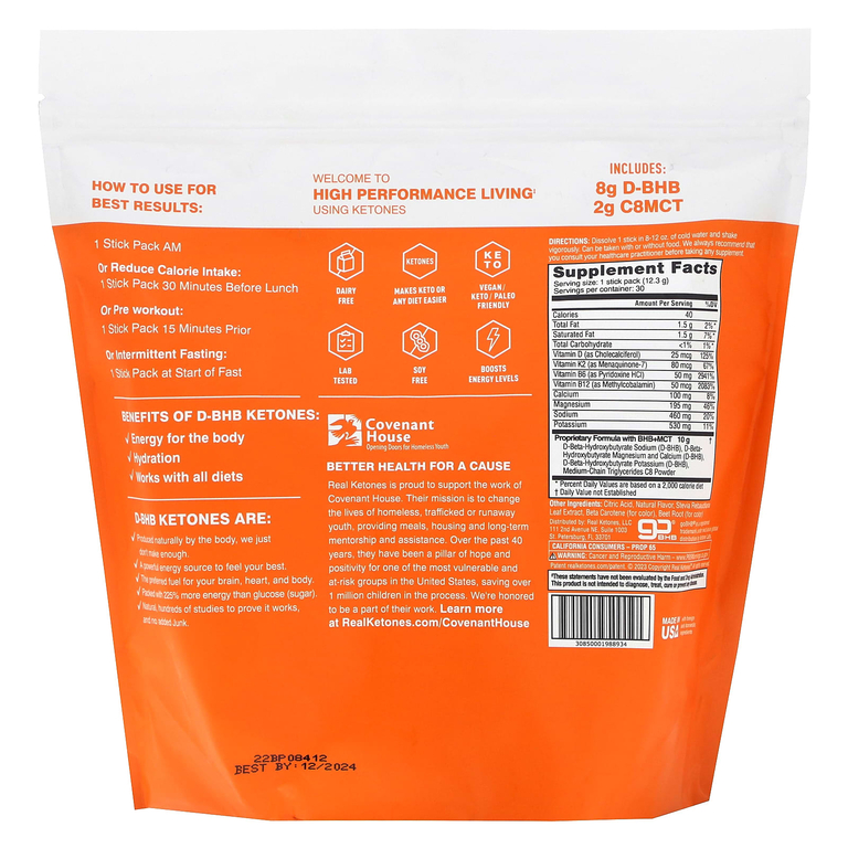 Real Ketones, Elevate, апельсин, 30 пакетиков со смесью для приготовления напитка, по 12,3 г (0,43 унции)