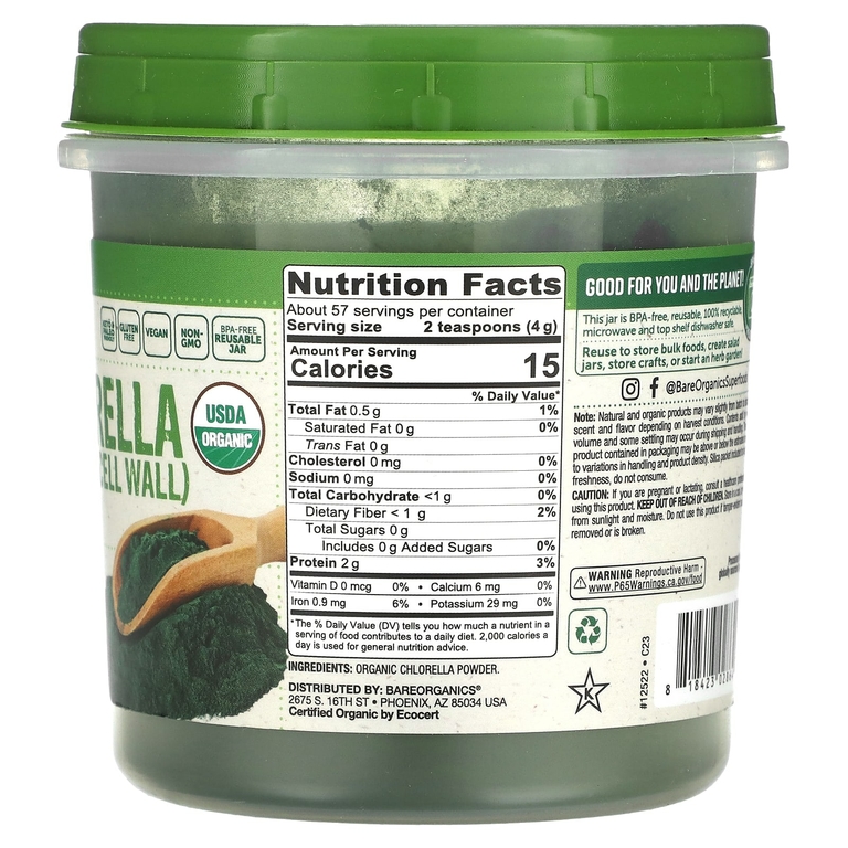 BareOrganics, Органическая хлорелла в порошке, 227 г (8 унций)