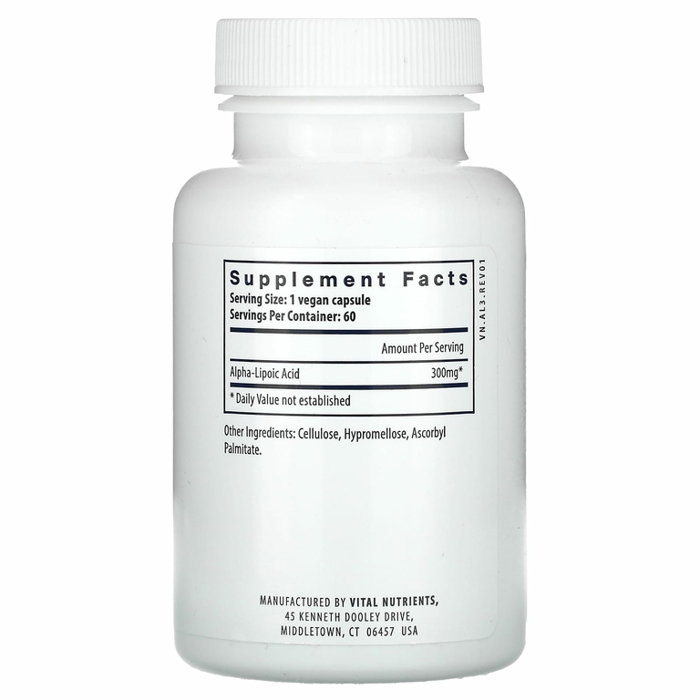 Vital Nutrients, Липоевая кислота, 60 веганских капсул (300 мг на капсулу)