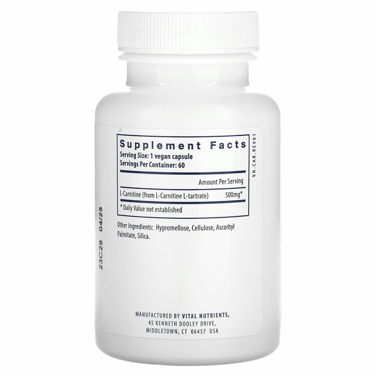 Vital Nutrients, Карнитин, 60 веганских капсул (500 мг на капсулу)