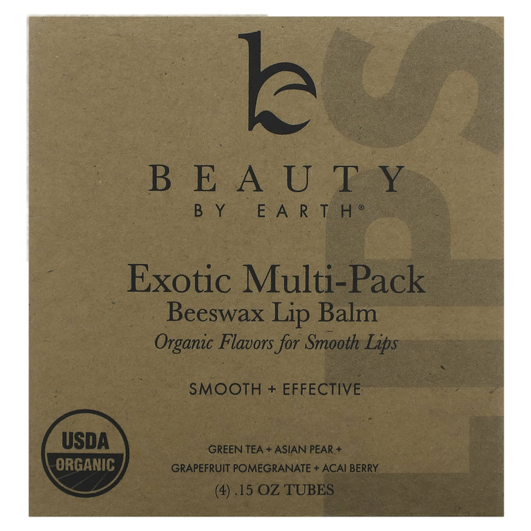 Beauty By Earth, органический бальзам для губ с пчелиным воском, экзотический мультивитаминный комплекс, 4 тюбика по 0,15 унции