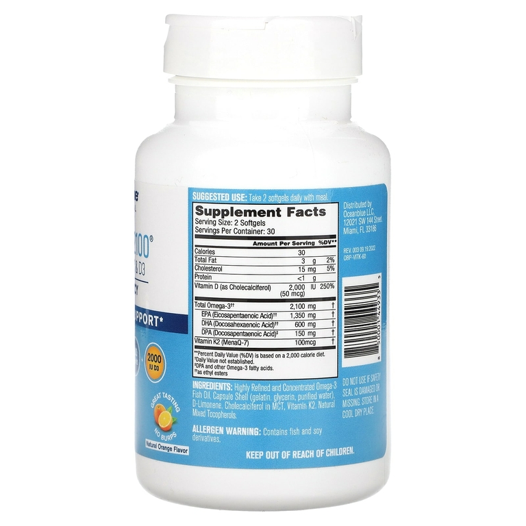 OceanBlue, Professional, омега-3 2100, витамины K2 и D3, высокоэффективный, натуральный апельсин, 60 мягких таблеток