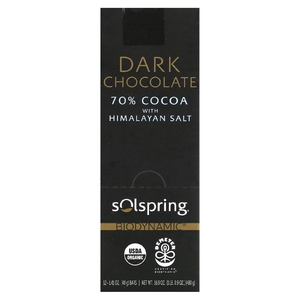 Dr. Mercola, Solspring, биодинамический темный шоколад, 70% какао с гималайской солью, 12 плиток по 40 г (1,41 унции)